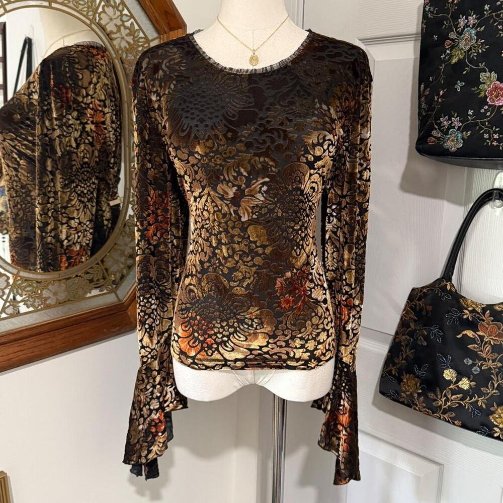 VTG Y2K ConradC Collection Black & Golden Yellow Velvet Burnout Bell Sleeve Top